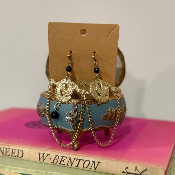 Gold Snake Statement Earrings Black Beads Asymmetrical Pair Gothic Y2K Jewelry - Picture 6 of 7